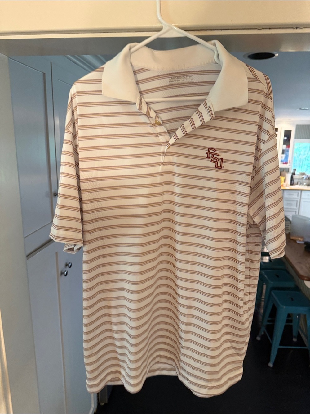 Nike Men's Cream and Garnet Striped Polo with FSU Logo Dry fit